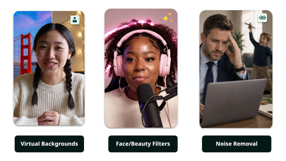 Longpipe video effects SDK features: virtual backgrounds, face and beauty filters, and noise removal